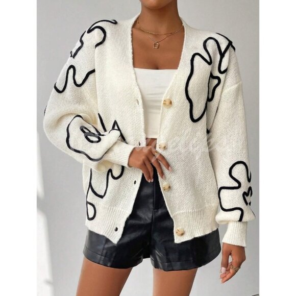 Women's White Cardigan Knit Black Flower Appliqué Oversized Long Sleeves - Picture 1 of 6